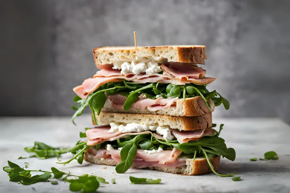 Sándwich caliente con queso de cabra, jamón y rúcula