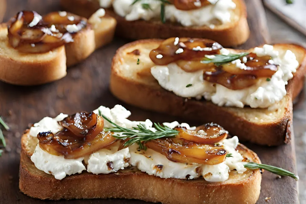 Tostadas de queso de cabra y cebolla caramelizada