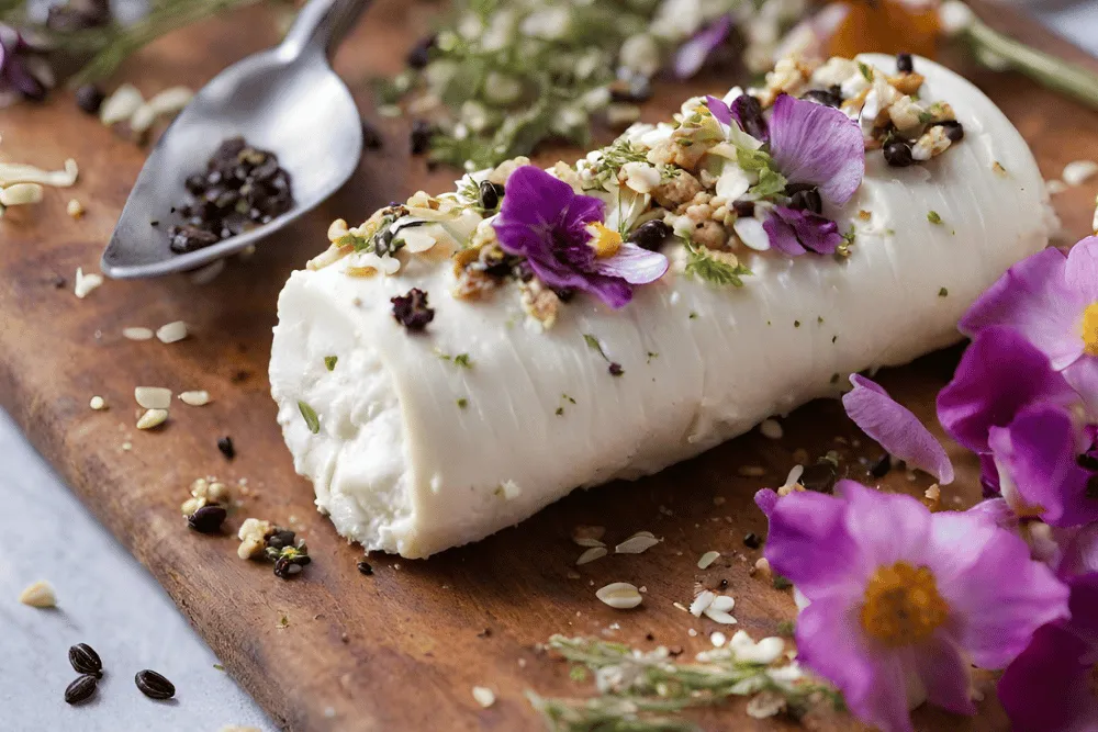 una tabla con rulo de queso de cabra sencillo,  con flores comestibles, trufa  y semillas