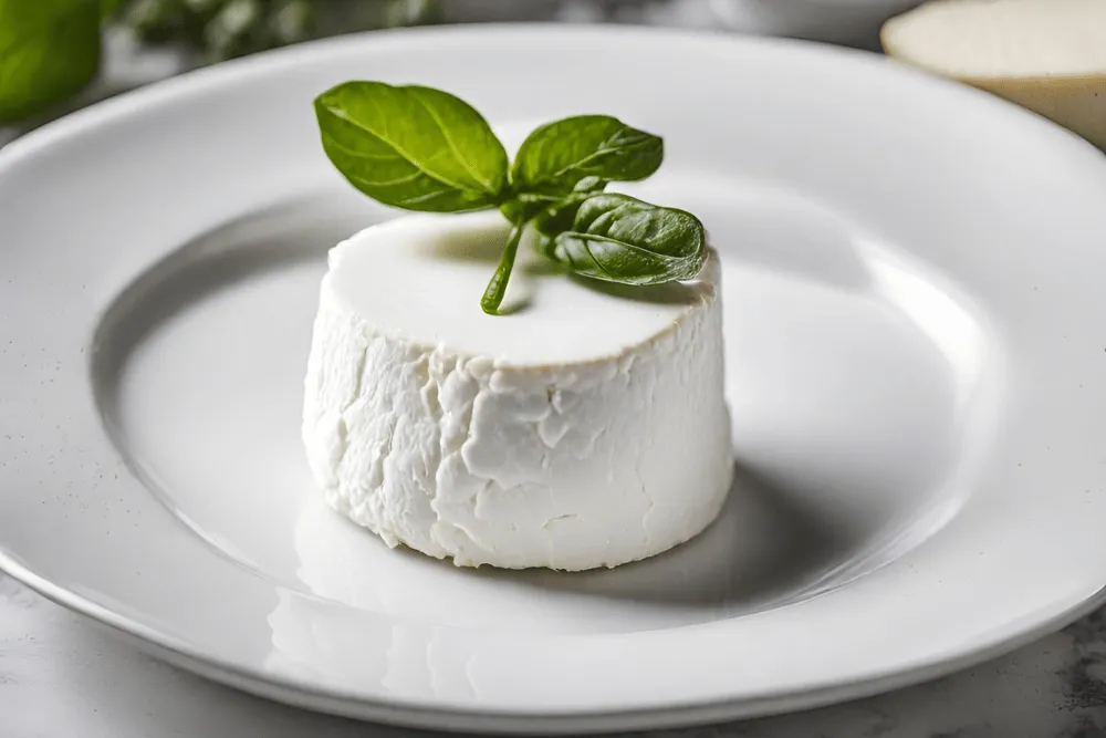 Un queso fresco en un plato blanco.
