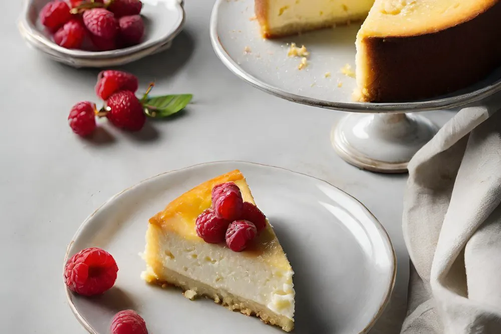 tarta de queso ricotta y mascarpone cortado con una loncha en un plato.
